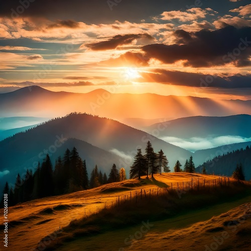 Majestic sunset in the mountains landscape. Dramatic sky. Carpathian, Ukraine, Europe. Beauty world. © sami