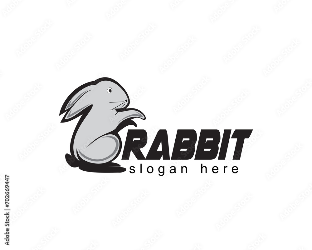 Naklejka premium rabbit logo design template Gray rabbit standing pose with both arms outstretched