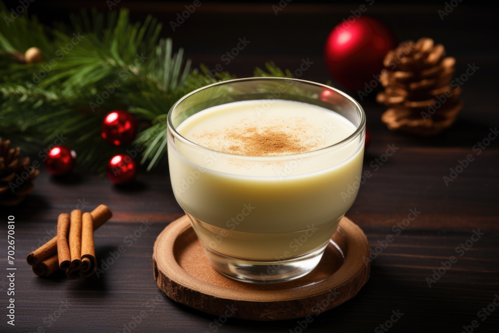 Glass of Eggnog or egg milk punch is traditional drink in Christmas season on dark background Glass of Eggnog or egg milk punch is traditional drink in Christmas season on dark background