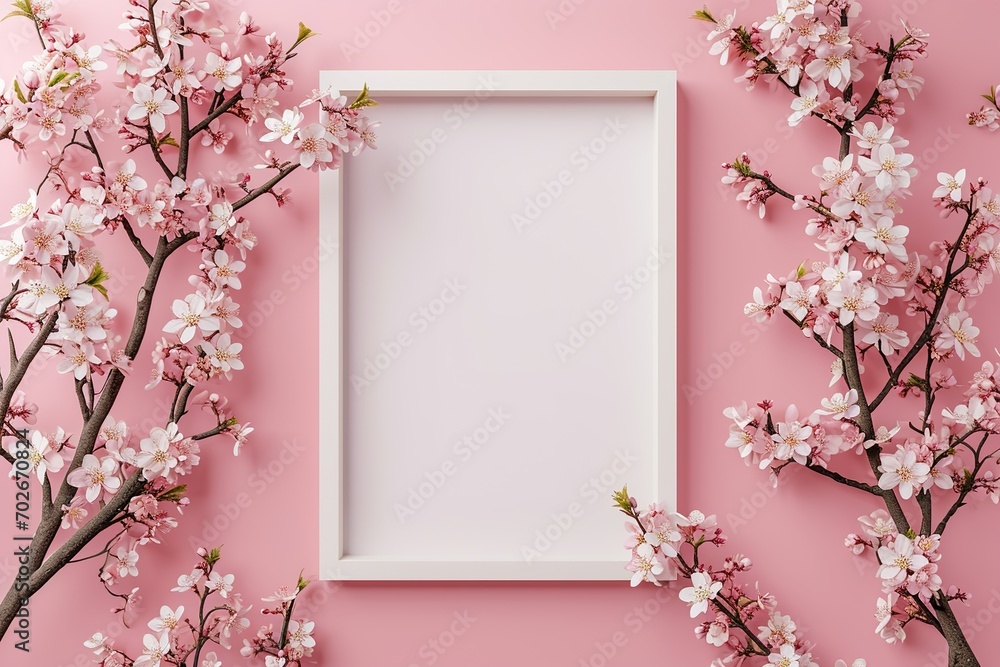 Mockup poster frame close up, 3d render minimalist top shot, new year theme, cherry blossom branches concept Mockup poster frame close up, 3d render minimalist top shot, new year theme, cherry blossom branches concept