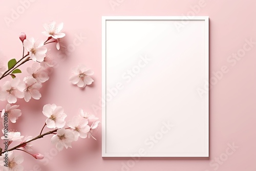 Mockup poster frame close up, 3d render minimalist top shot, new year theme, cherry blossom branches concept
