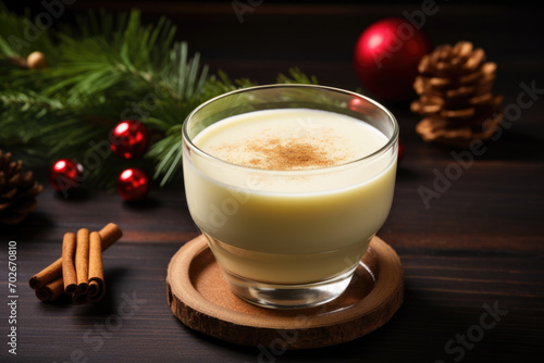 Glass of Eggnog or egg milk punch is traditional drink in Christmas season on dark background