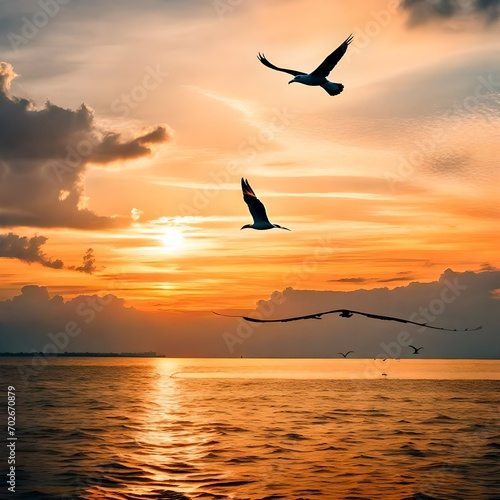 Landscape of the sunset over the sea with seagull are flying on the sky at Samut prakan province  