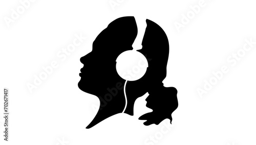 woman listening with headphones, black isolated silhouette