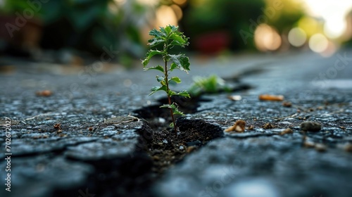 sprout seedling tree growing out crack in concrete pavement