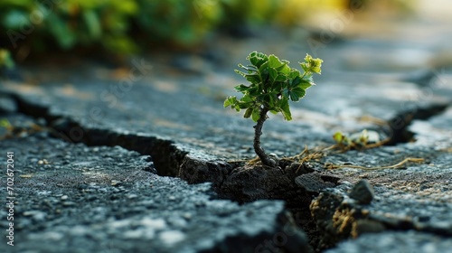 small tree sapling growing out of concrete pavement on the road