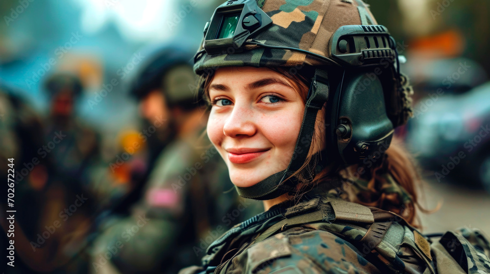 Girl soldier in military uniform, military in the background. AI generated.