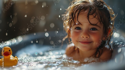 portrait of small child girl taking bath in tub with rubbber duck © Barosanu