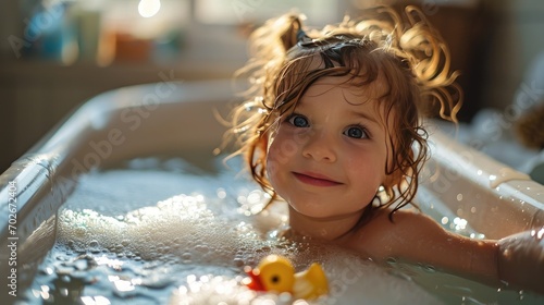 portrait of small child girl taking bath in tub with rubbber duck photo