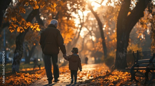 elderly man grandfather walking with child grandson holding hand in park photo