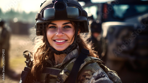 Girl soldier in military uniform, military in the background. AI generated. © millenius