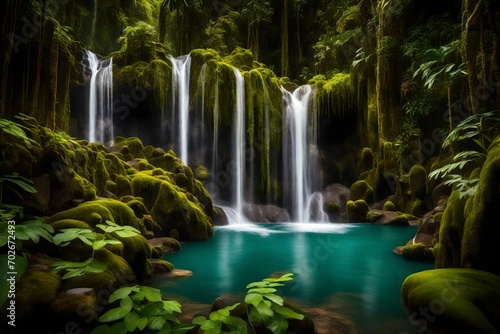 A majestic waterfall plunging from a moss-covered cliff into a serene pool  surrounded by dense tropical vegetation.