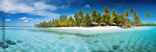 A panoramic view of a tropical beach with turquoise waters and palm trees  photo