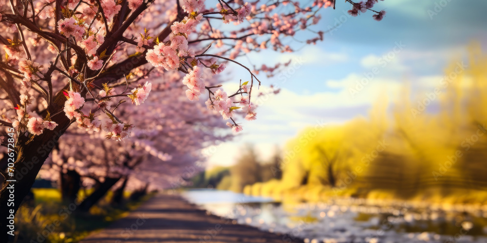 Fototapeta premium Dreamy ultra-wide spring landscape with soft-focus flowering willow branches swaying over a pathway, against a vibrant garden and sky