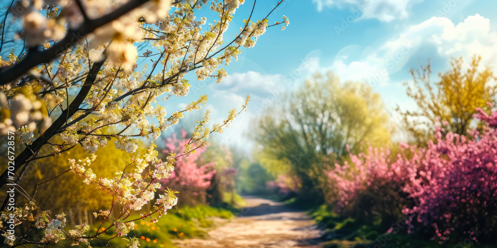 Dreamy ultra-wide spring landscape with soft-focus flowering willow branches swaying over a pathway, against a vibrant garden and sky