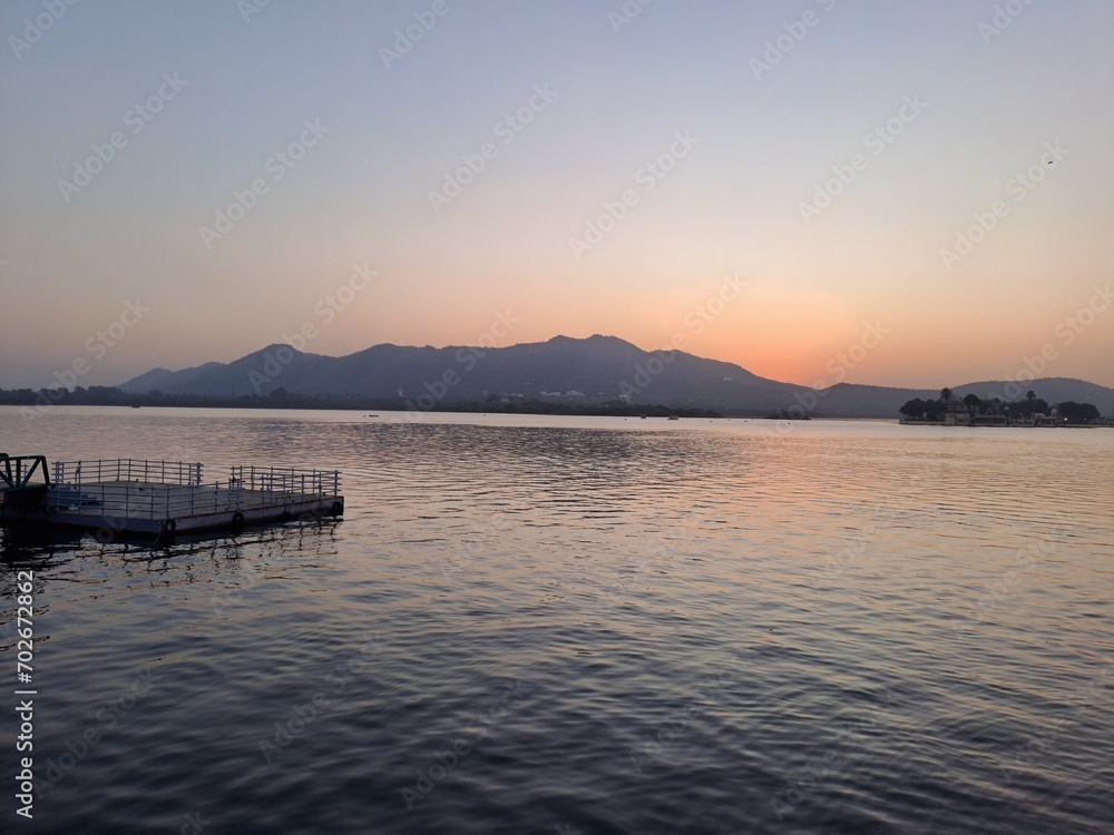 Beautiful view of Lake Pichola during sunset in Udaipur, Rajasthan, India