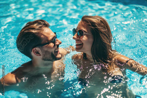 a couple has fun in the pool and enjoys the summer. Smiling and laughing
