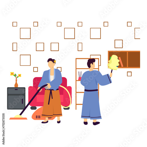 Couple cleaning their house before Lunar New Moon concept, diligently tidies up their home in preparation vector design, Chinese New Years Eve symbol, Year of the Dragon sign, China Spring Festival 