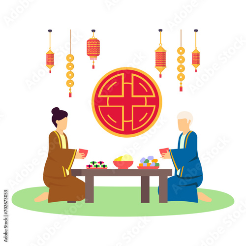 Tea culture spiritual connotation on Mid Autumn Celebration concept, Cha Dao ceremony vector design, Chinese New Years Eve symbol, Year of the Dragon sign, China Spring Festival scene illustration