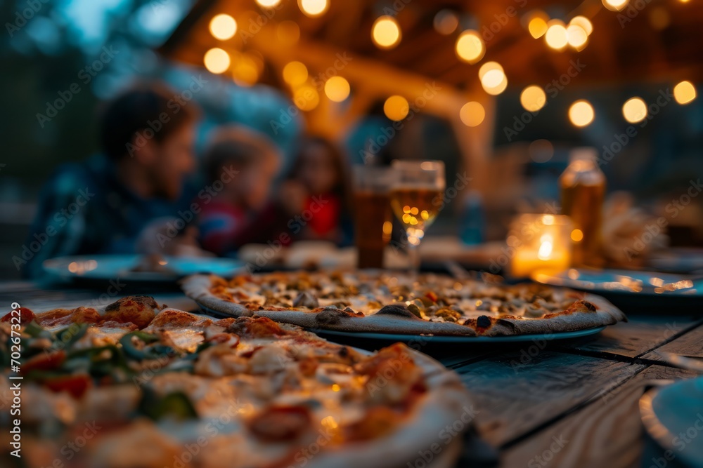 Cozy outdoor dinner with friends, featuring pizza and drinks on a wooden table, adorned with warm string lights in the background.