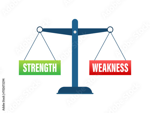 Strength Versus Weakness Scales Concept, Vector Illustration of Balanced Weights for Strategy and Self-Analysis in Personal Development