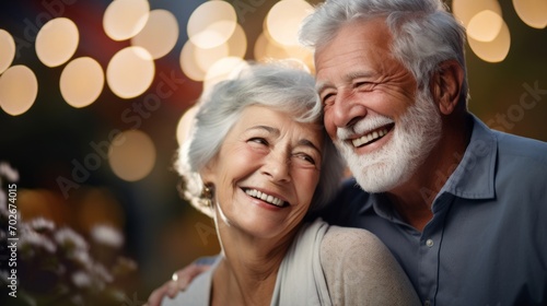 An older, middle-aged couple is happy, having fun and laughing outdoor