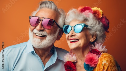 An elderly couple dressed in crazy colours is happy, having fun and laughing.