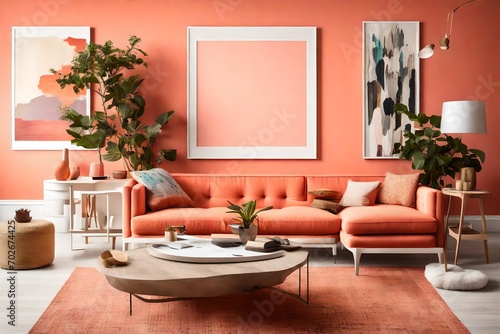 An inviting living room space with an empty white frame on a coral-colored wall, complemented by sleek and colorful furniture.