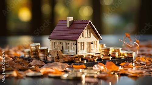 House model and stack of coins, Real estate investment, Mortgage concept