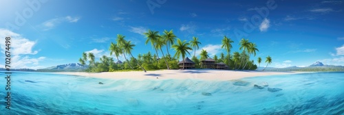 A panoramic view of a tropical beach with turquoise waters and palm trees  © PinkiePie