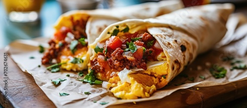 Spicy chorizo and egg in a breakfast burrito photo