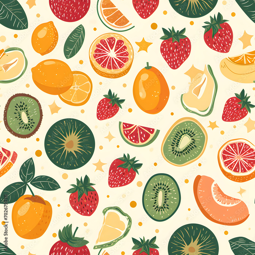 Orange Strawberry Kiwi Fruits Seamless Pattern