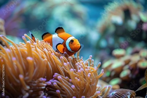 Close up of clown fish swimming in colorful anemore in background of beautiful sea.  © cwa