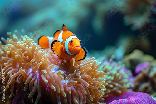 Close up of clown fish swimming in colorful anemore in background of beautiful sea. 