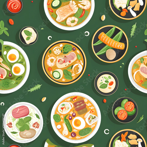 Illustration of Thai food in minimal red and green tone Seamless Texture