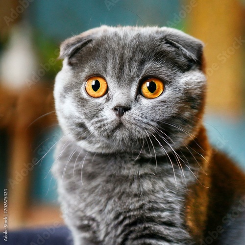 AI-generated illustration of a cute Scottish Fold with vibrant orange eyes and velvety grey coat