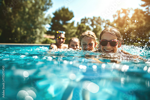 Happy family has fun in the pool and enjoys the summer. Smiling and laughing photo