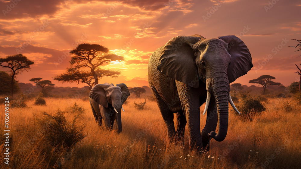elephants in the savanna at sunrise - obrazy, fototapety, plakaty 