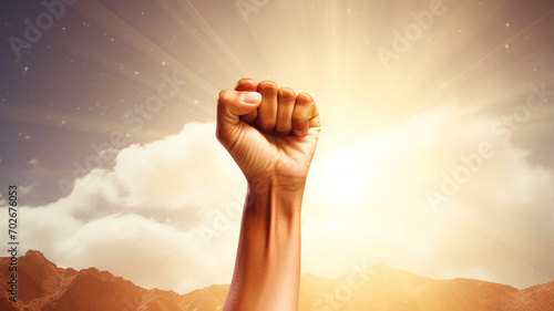a woman fist against on sky background girl power.