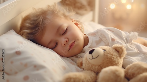 A little girl with blonde hair sleeps on a bed with a soft toy bear in her arms. A child's sweet sleep