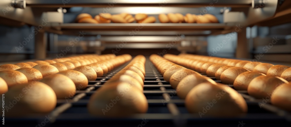 Conveyor belt with freshly baked bread production in bakery factory Conveyor belt with freshly baked bread production in bakery factory