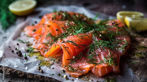 gravlax cured salmon with salt peppers lemon and dill photo