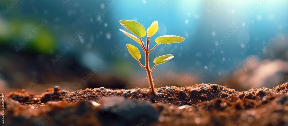 One small plant growing well in the ground, Earth day concept. Renewable energy for the future. Sustainable resources. orange, green, blue light - obrazy, fototapety, plakaty 