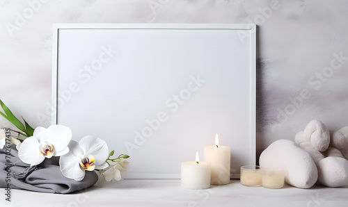 Spa set on white table, including beauty and fashion items. Spa towel with candle, plumeria, and tree also on table. with free space for text