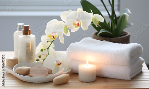 Spa set on white table, including beauty and fashion items. Spa towel with candle, plumeria, and tree also on table. with free space for text