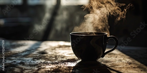 Steamy delight. Dark espresso cup on wooden table with aromatic hot coffee. Caffeine elegance. Vintage mug emitting steam on black background. Morning brew