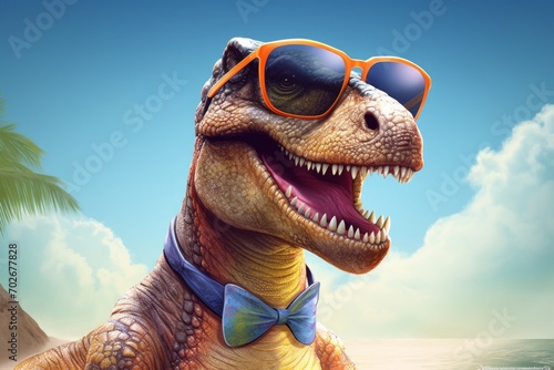 Dinosaur in sunglasses on the beach. 3d render illustration.