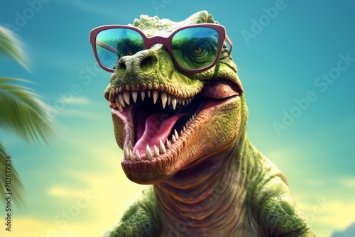 Dinosaur with sunglasses on the background of the sea and sky