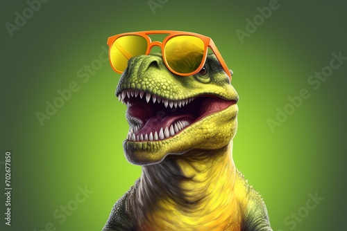 dinosaur with sunglasses on green background