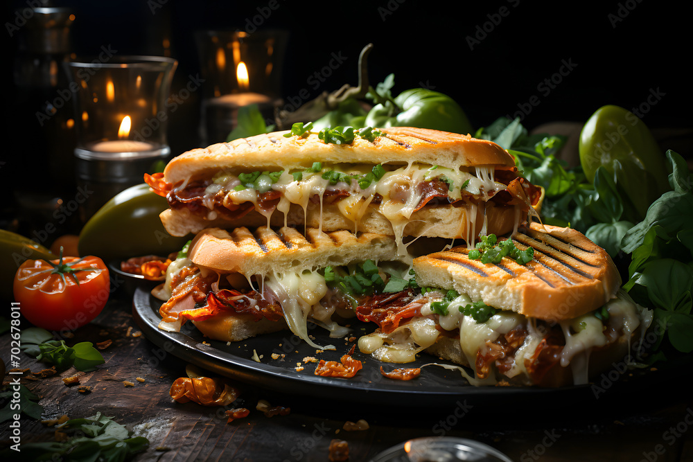 Creamy Mediterranean Paninis, dramatic studio lighting and a shallow depth of field. Placed on a reflective black surface.no.03 Creamy Mediterranean Paninis, dramatic studio lighting and a shallow depth of field. Placed on a reflective black surface.no.03
